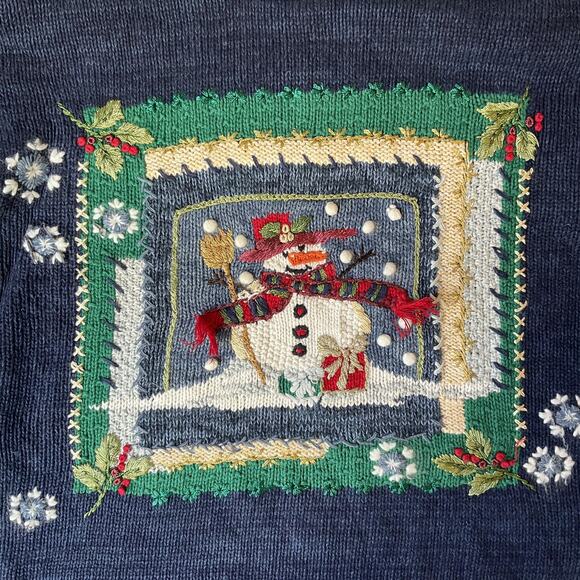 Tiara Petites Women Sweatshirt MEDIUM Navy Graphic Print Snowman Christmas - Picture 3 of 9